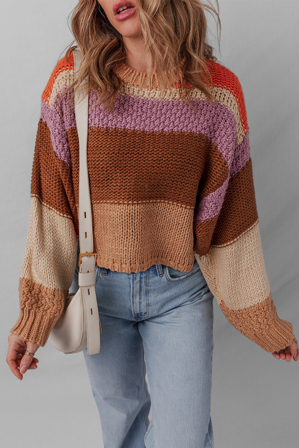 Multicolour Cropped Colorblock Drop Shoulder Knitted Sweater Sweaters JT's Designer Fashion