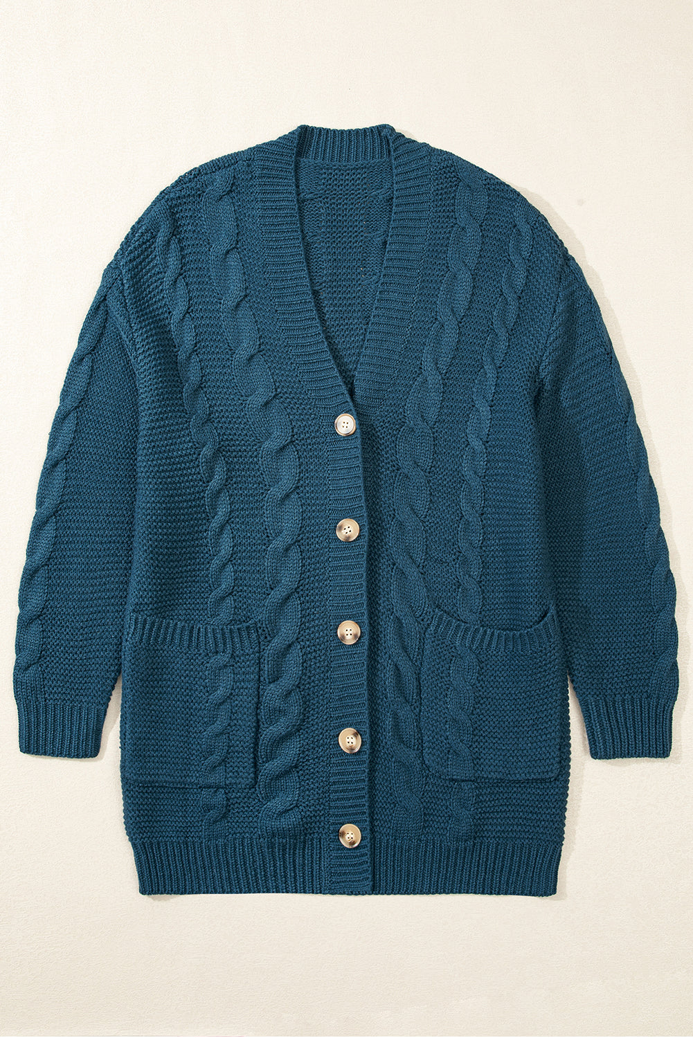 Peacock Blue Cable Knit Button Front Pocketed Baggy Cardigan Cardigans JT's Designer Fashion