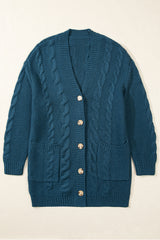 Peacock Blue Cable Knit Button Front Pocketed Baggy Cardigan Cardigans JT's Designer Fashion