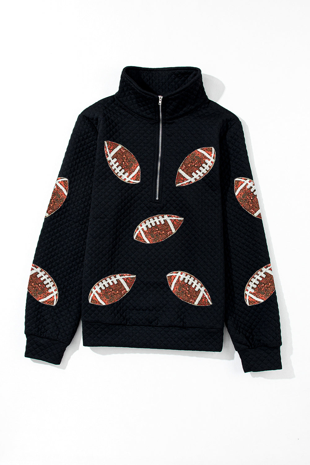Black Sequin Rugby Football Patched Quarter Zip Textured Sweatshirt Graphic Sweatshirts JT's Designer Fashion