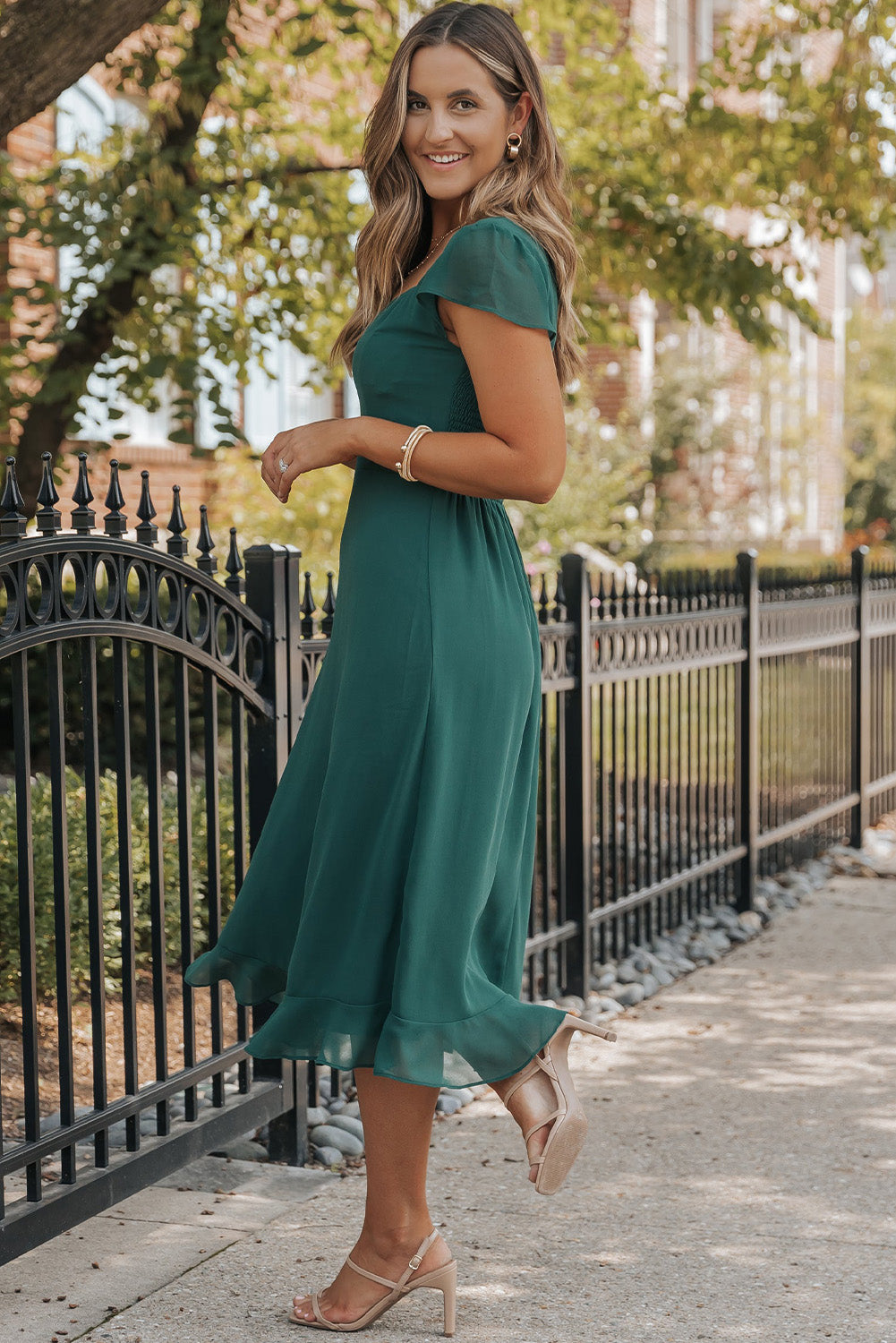 Sea Green Shirred Open Back Sweetheart Neck Ruffled Midi Dress Midi Dresses JT's Designer Fashion
