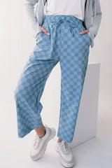 Sky Blue Checkered Elastic High Waist Loose Casual Pants Pants & Culotte JT's Designer Fashion