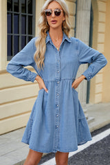 Tiered Button Up Long Sleeve Denim Dress Medium Mini Dresses JT's Designer Fashion
