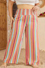 Orange Stripe Plus Size Boho Smocked Waist Loose Pants Orange Stripe 100%Polyester Plus Size Bottoms JT's Designer Fashion
