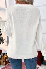 White Bow Pattern Contrast Trim Christmas Loose Graphic Sweater Sweaters JT's Designer Fashion
