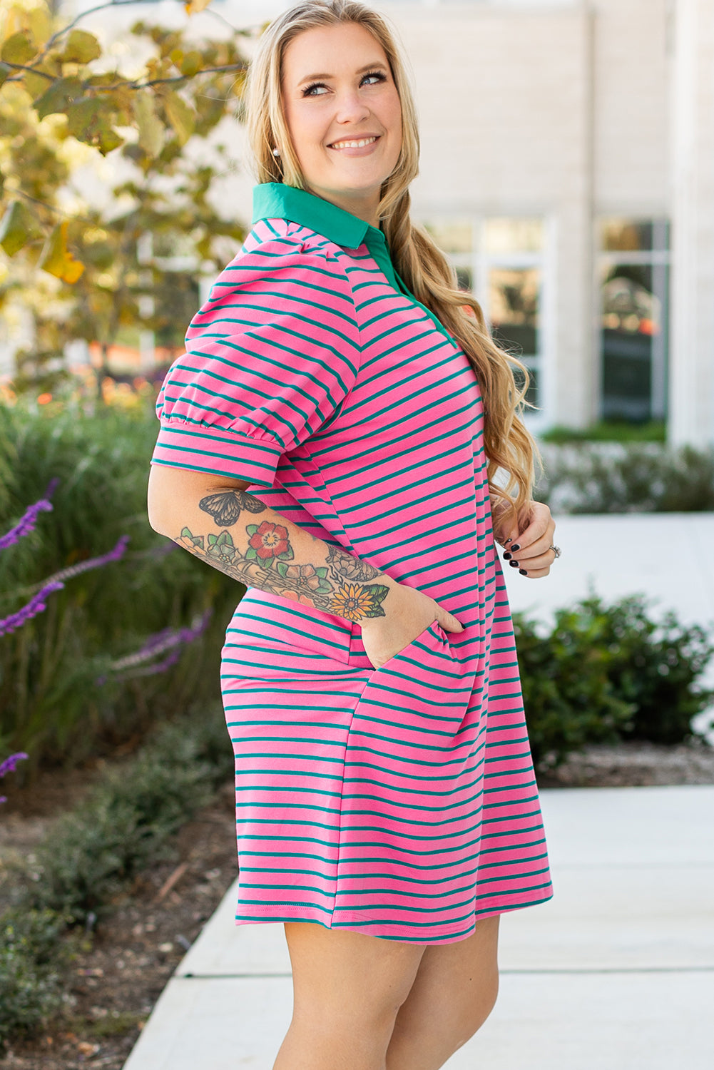 Rose Stripe Collared V Neck Puff Sleeve Shift T Shirt Dress with Pockets Plus Size Mini Dresses JT's Designer Fashion