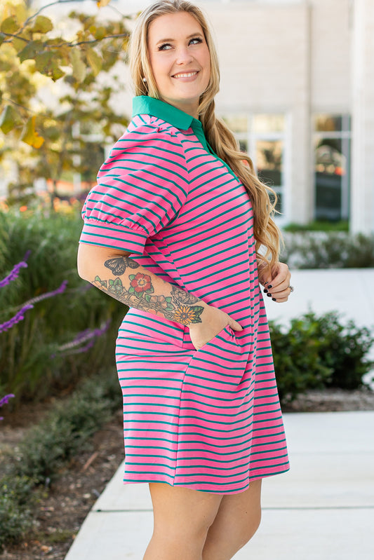 Rose Stripe Collared V Neck Puff Sleeve Shift T Shirt Dress with Pockets Plus Size Mini Dresses JT's Designer Fashion