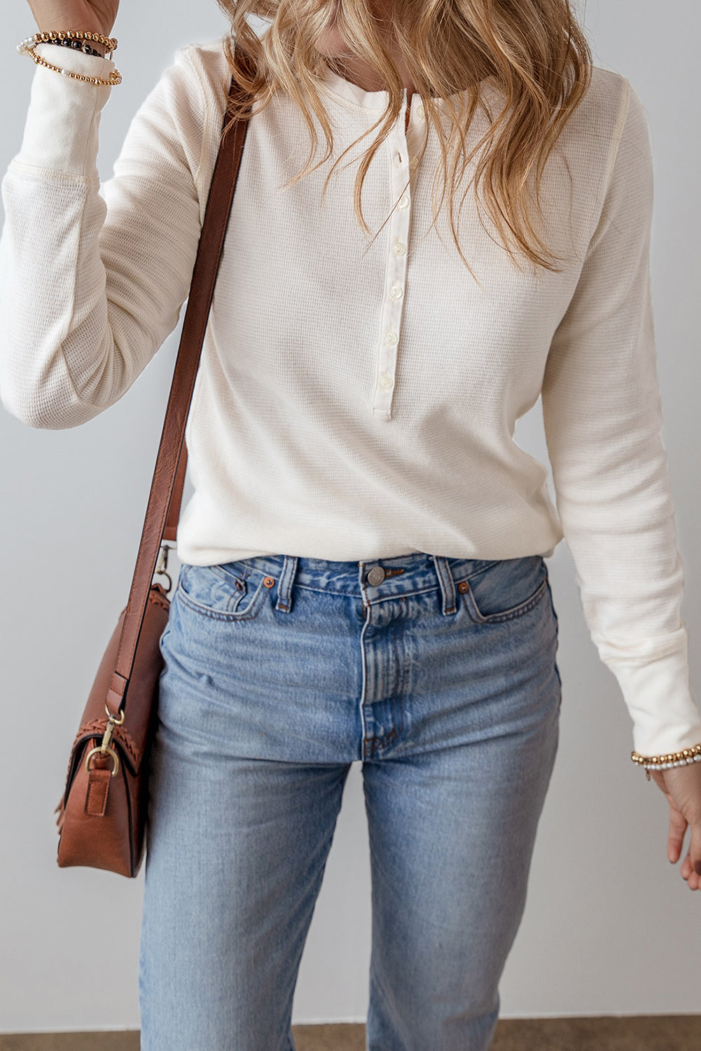 White Solid Color Waffle Half Button Long Sleeve Top Long Sleeve Tops JT's Designer Fashion