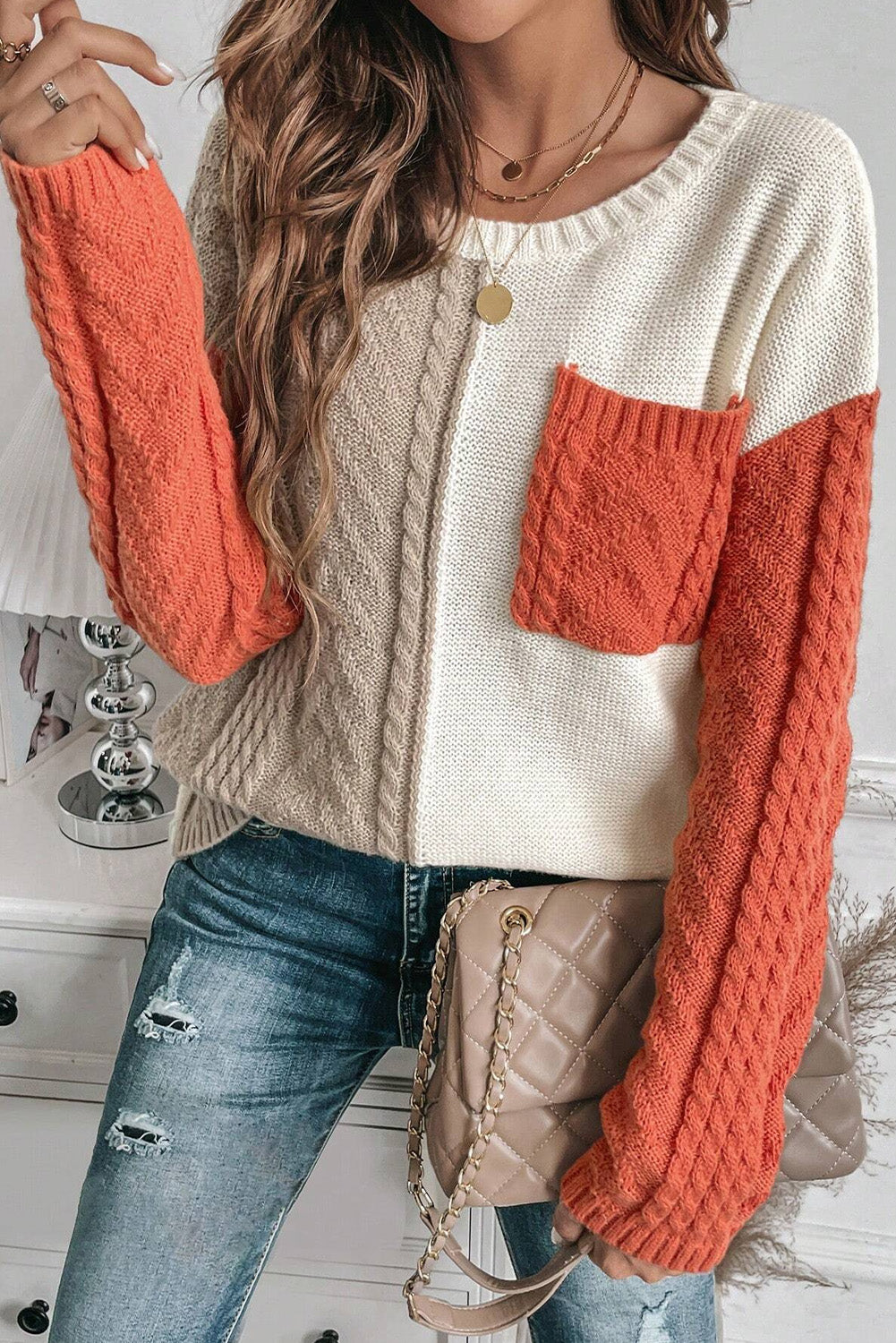 Gold Flame Colorblock Patched Pocket Drop Shoulder Sweater Sweaters JT's Designer Fashion