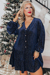 Navy Blue Plus Size Textured Velvet Tiered Button V Neck Dress Plus Size Mini Dresses JT's Designer Fashion
