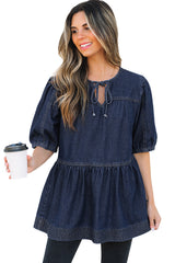 Sail Blue Puff Sleeve Lace-up Neckline Splicing Denim Blouse Blouses & Shirts JT's Designer Fashion