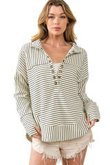 White Striped Thumbhole Drop Shoulder V Neck Top Long Sleeve Tops JT's Designer Fashion