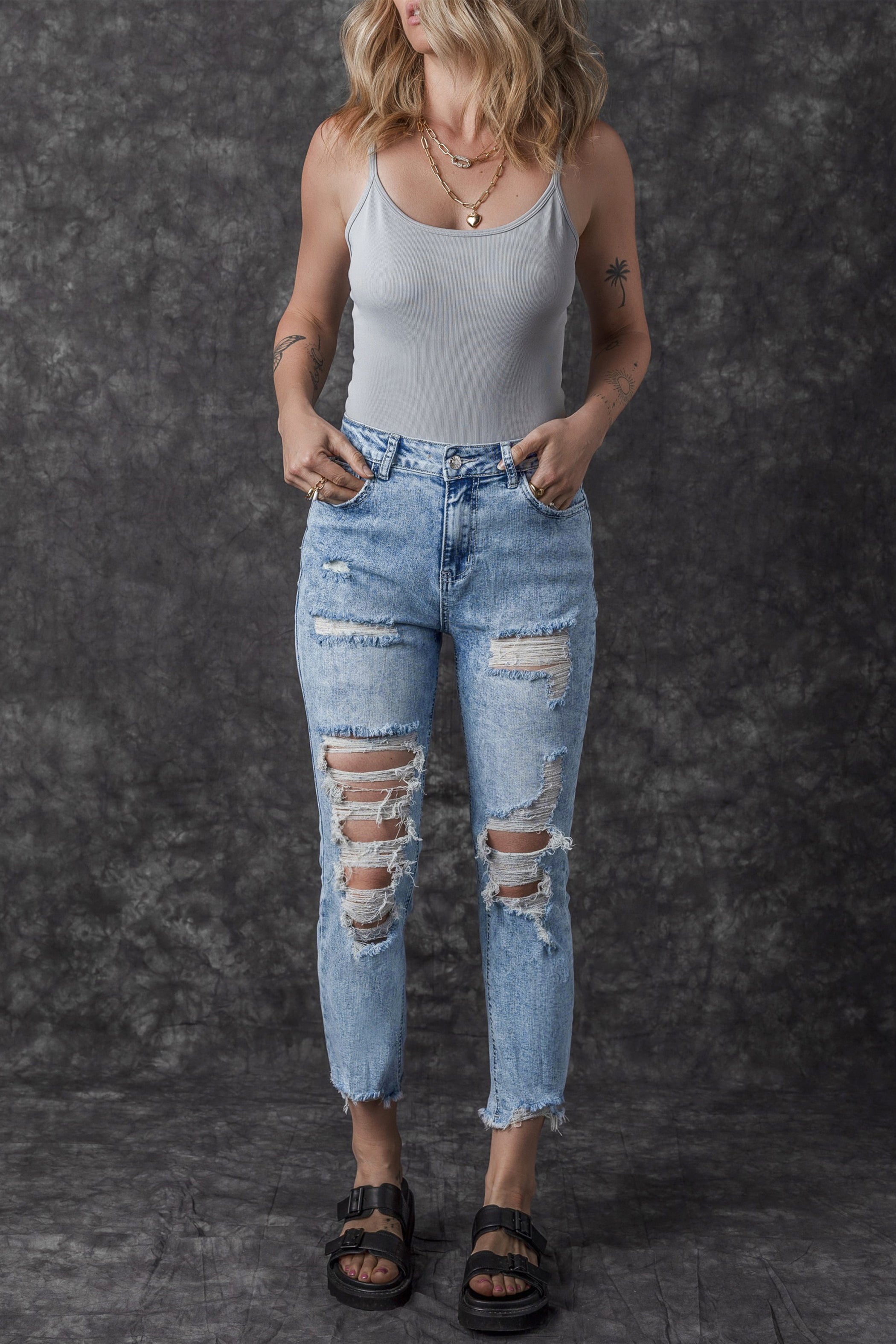 Sky Blue Acid Wash Distressed Slim Fit Jeans Jeans JT's Designer Fashion