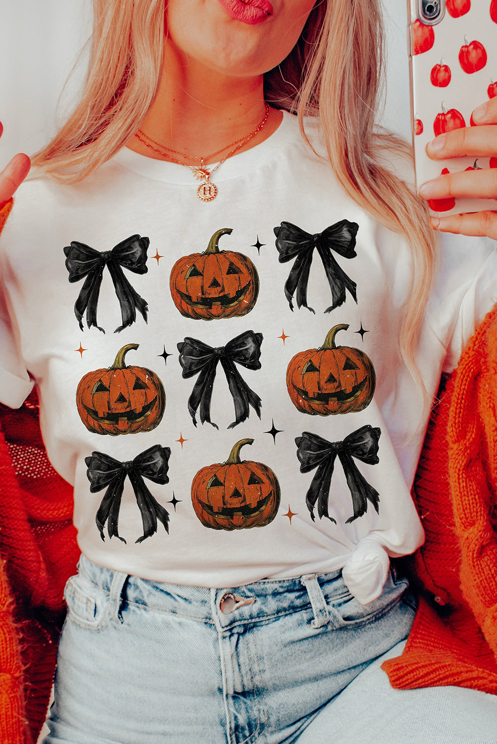 White Halloween Pumpkin Face Bowknot Graphic T Shirt Graphic Tees JT's Designer Fashion