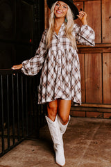 White Plaid Bubble Sleeve Flowy Shirt Dress Mini Dresses JT's Designer Fashion