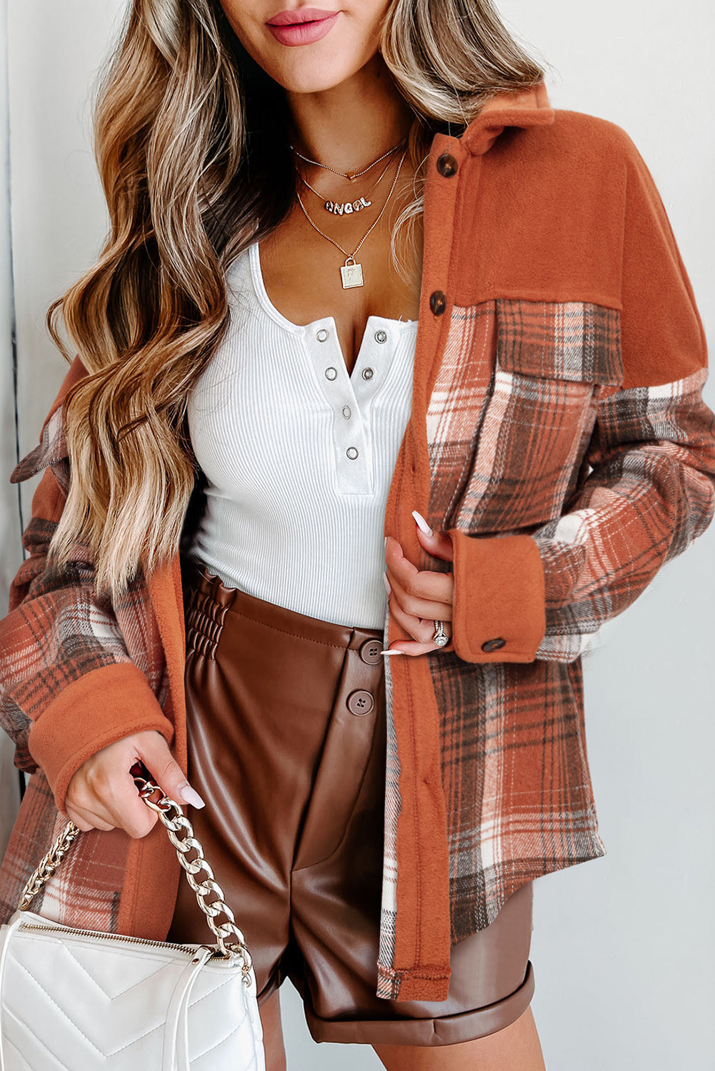 Khaki Colorblock Plaid Pattern Flap Pockets Buttoned Shacket Khaki 100%Polyester Plaid Shackets JT's Designer Fashion