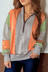 Light Grey Color Block Stitching Detail Half Zipper Sweatshirt Sweatshirts & Hoodies JT's Designer Fashion