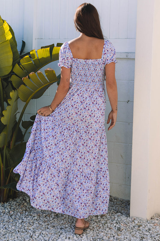Purple Floral Short Bubble Sleeve Shirred High Waist Long Dress Maxi Dresses JT's Designer Fashion