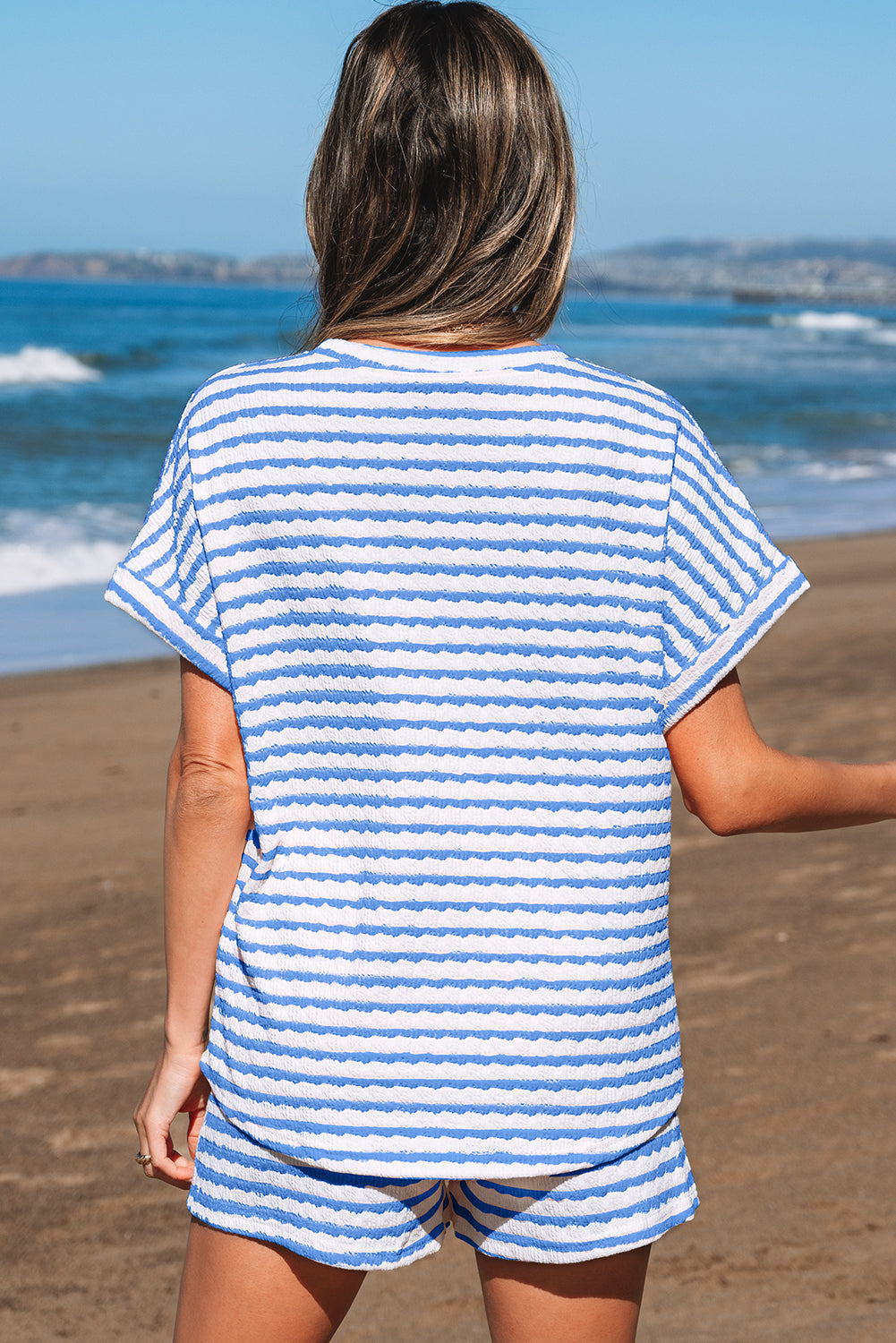 Sky Blue Stripe Knitted Short Sleeve Top and Drawstring Shorts Set Short Sets JT's Designer Fashion