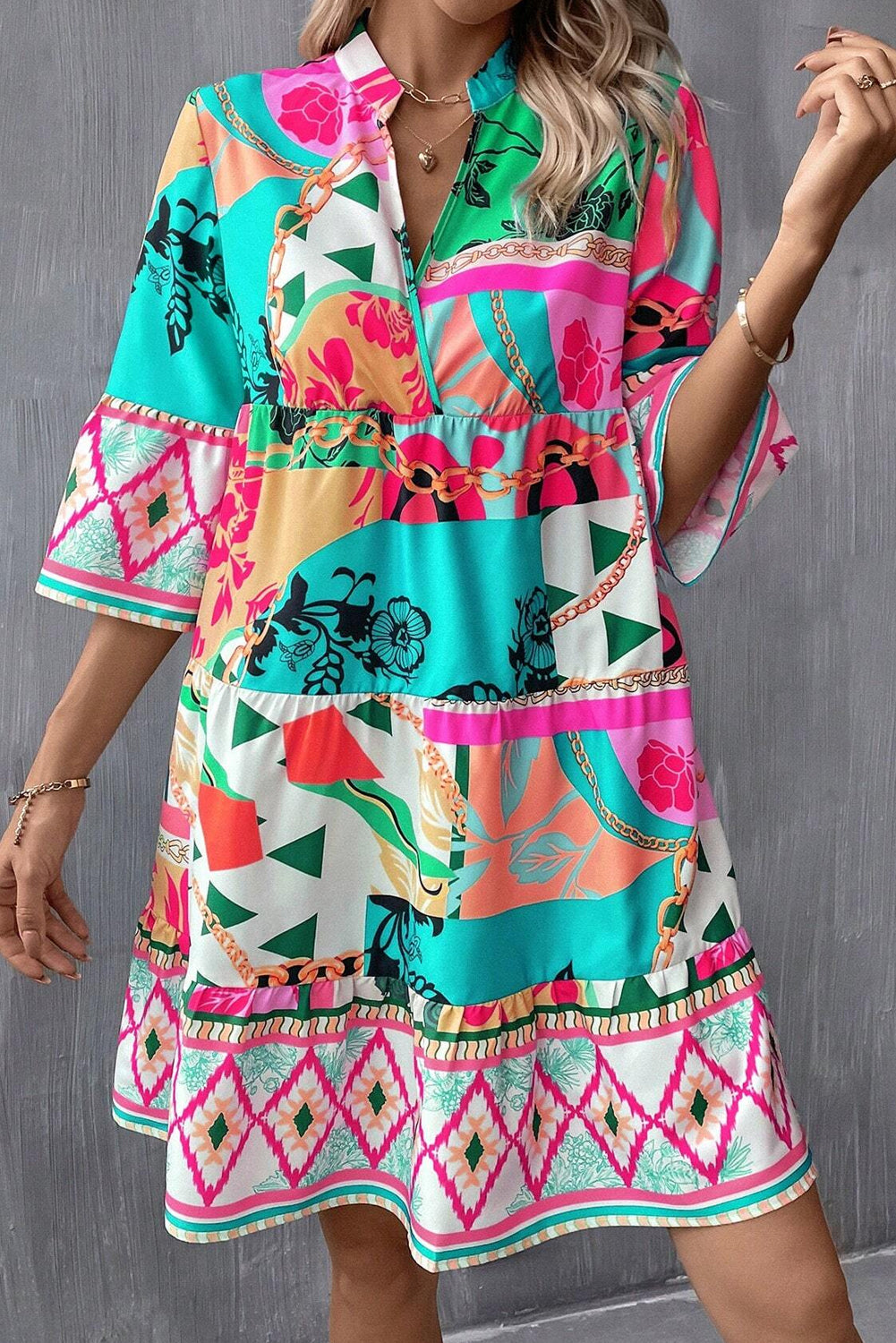 Multicolour Abstract Printed Half Sleeve Notched Neck Mini Dress Mini Dresses JT's Designer Fashion