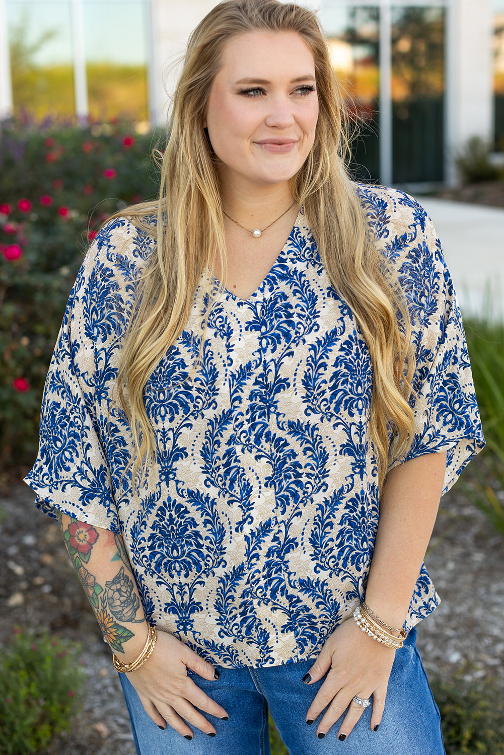 Blue Plus Size Ethnic Printed 3/4 Sleeve V Neck Loose Blouse Plus Size Blouses & Shirts JT's Designer Fashion