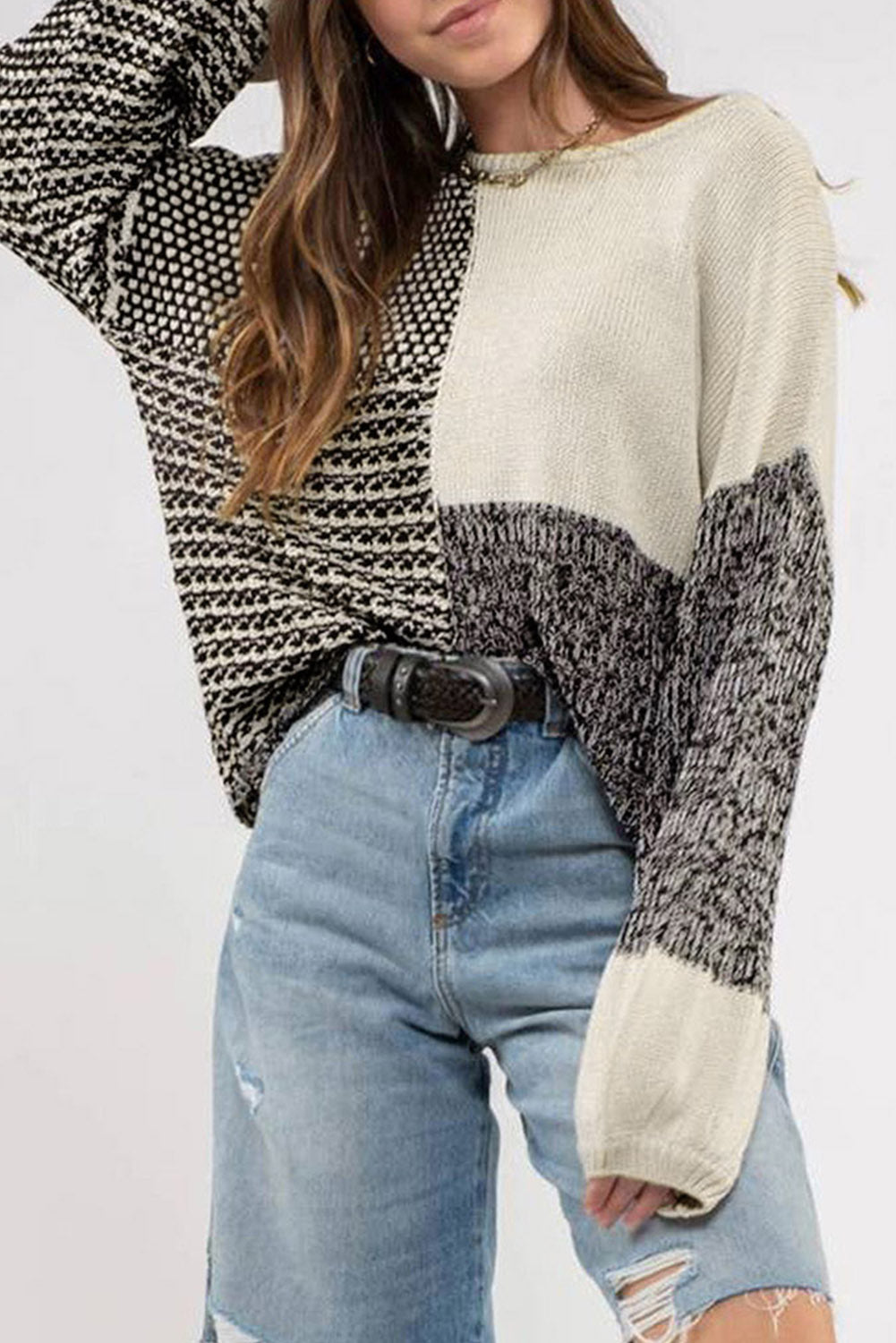 Black Neutral Colorblock Tie Back Sweater Sweaters & Cardigans JT's Designer Fashion
