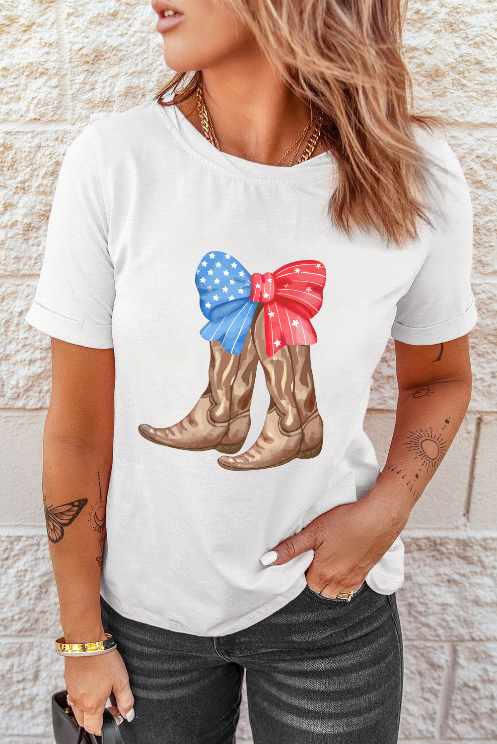 White Patriotic Bow Cowgirl Boots Printed Cotton Blend T Shirt Graphic Tees JT's Designer Fashion