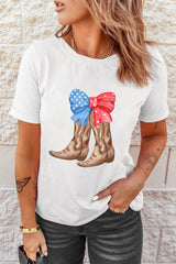 White Patriotic Bow Cowgirl Boots Printed Cotton Blend T Shirt Graphic Tees JT's Designer Fashion