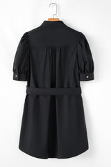 Black Button Up Tie Waist Puff Sleeve Mini Dress Mini Dresses JT's Designer Fashion