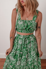 Green Floral Print Shirred Crop Top and High Waist Midi Skirt Set Two Piece Dresses JT's Designer Fashion