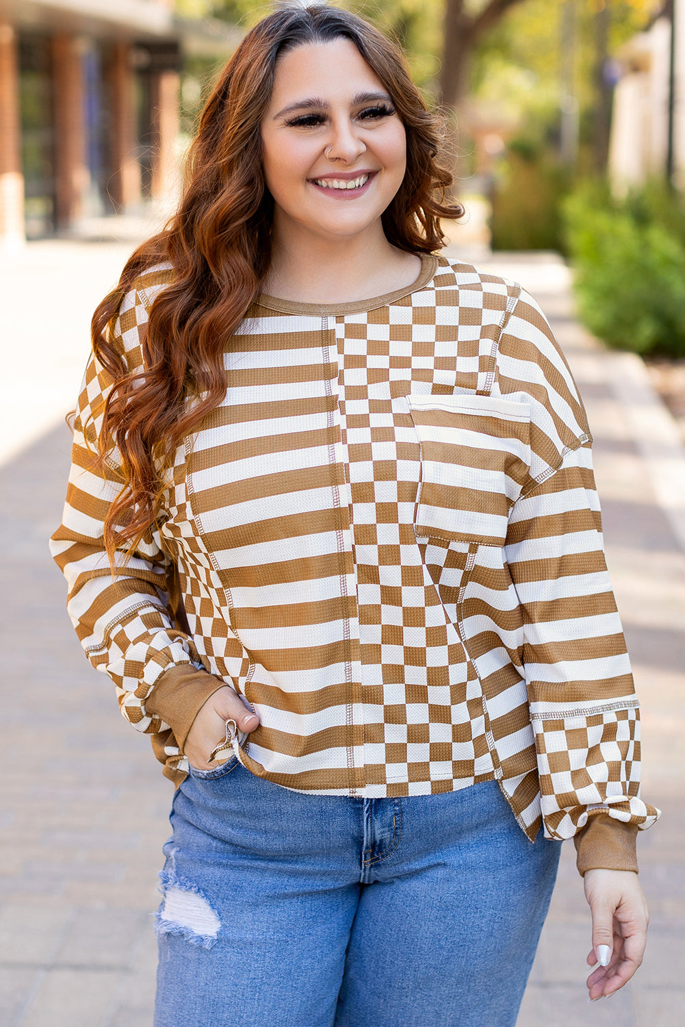 Khaki Striped Checkered Mixed Print Chest Pocket Casual Plus Size Top Plus Size Long Sleeve Tops JT's Designer Fashion