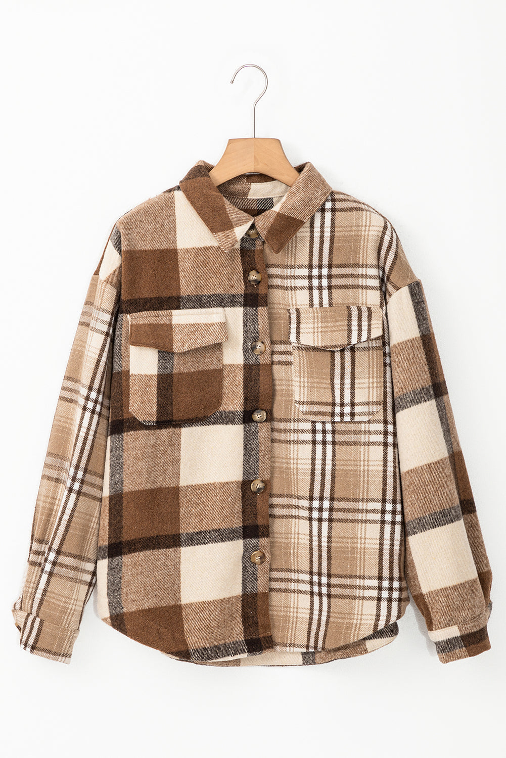 Light French Beige Flannel Plaid Double Flap Pocket Shacket Plaid Shackets JT's Designer Fashion