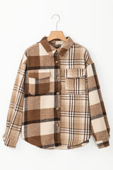 Light French Beige Flannel Plaid Double Flap Pocket Shacket Plaid Shackets JT's Designer Fashion