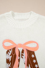 White Embroidered Bow Boots Graphic Drop Shoulder Sweater Sweaters JT's Designer Fashion