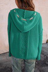Sea Green Cable Knit V Neck Contrast Drawstring Hooded Sweater Sweaters JT's Designer Fashion