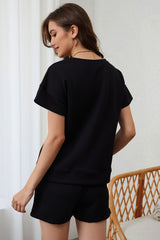 Black 2pcs Solid Textured Drawstring Shorts Set Short Sets JT's Designer Fashion