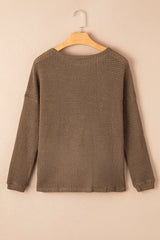 Dark Brown Waffle Knit Drop Shoulder Long Sleeve Top Long Sleeve Tops JT's Designer Fashion
