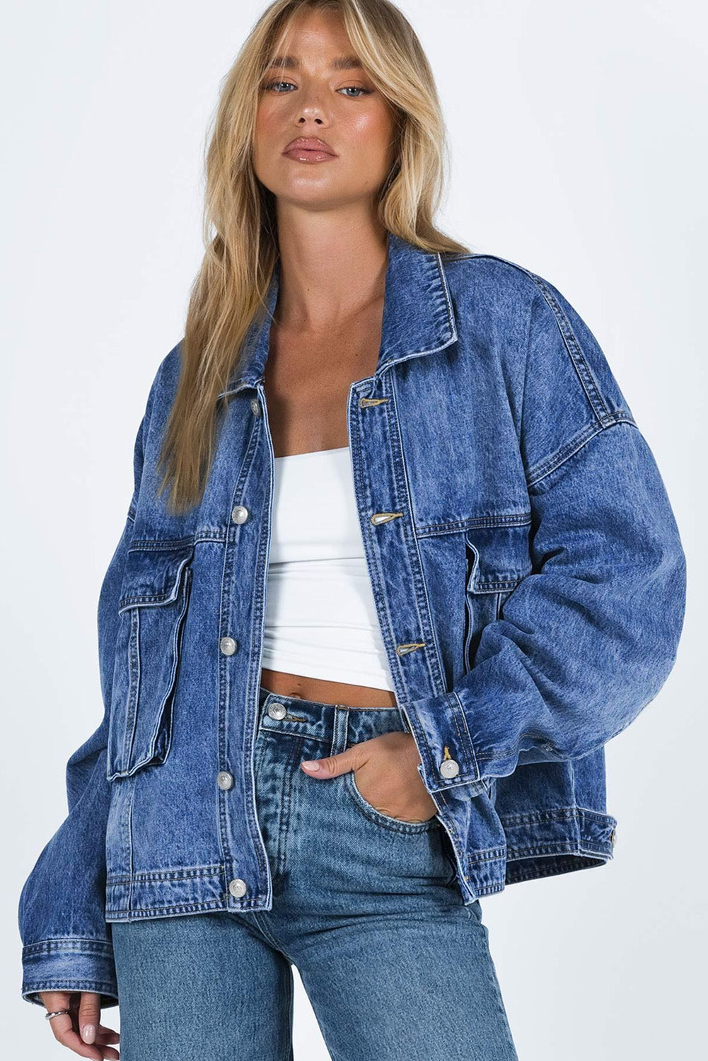 Blue Chest Pockets Drop Shoulder Loose Denim Jacket Denim Jackets JT's Designer Fashion