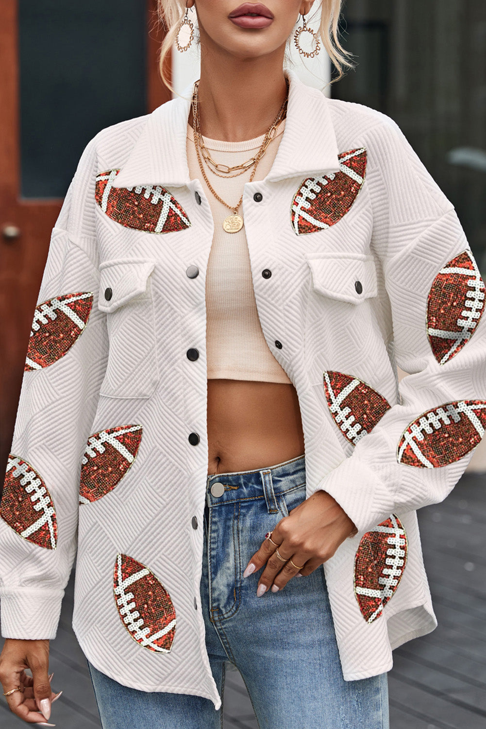 Beige Bubble Gum Texture Sequined Rugby Football Shacket Beige 95%Polyester+5%Elastane Jackets JT's Designer Fashion