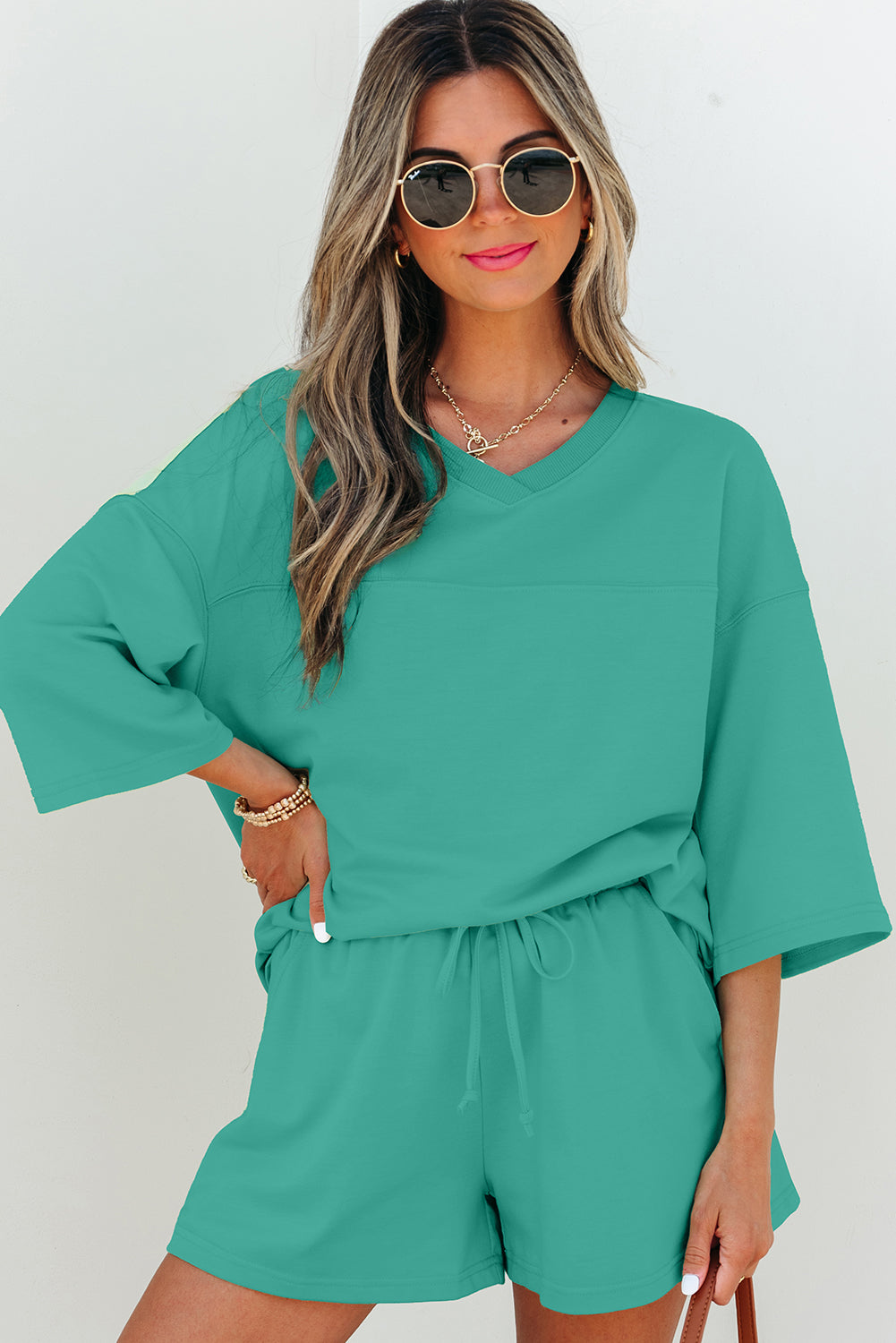 Sea Green Solid Loose V Neck Half Sleeve Tee and Shorts Sea Green 75%Polyester+20%Cotton+5%Elastane Short Sets JT's Designer Fashion