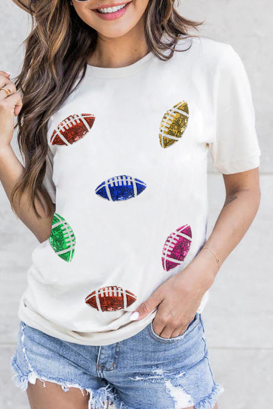 White Sequin Rugby Football Pattern Crewneck T Shirt Graphic Tees JT's Designer Fashion