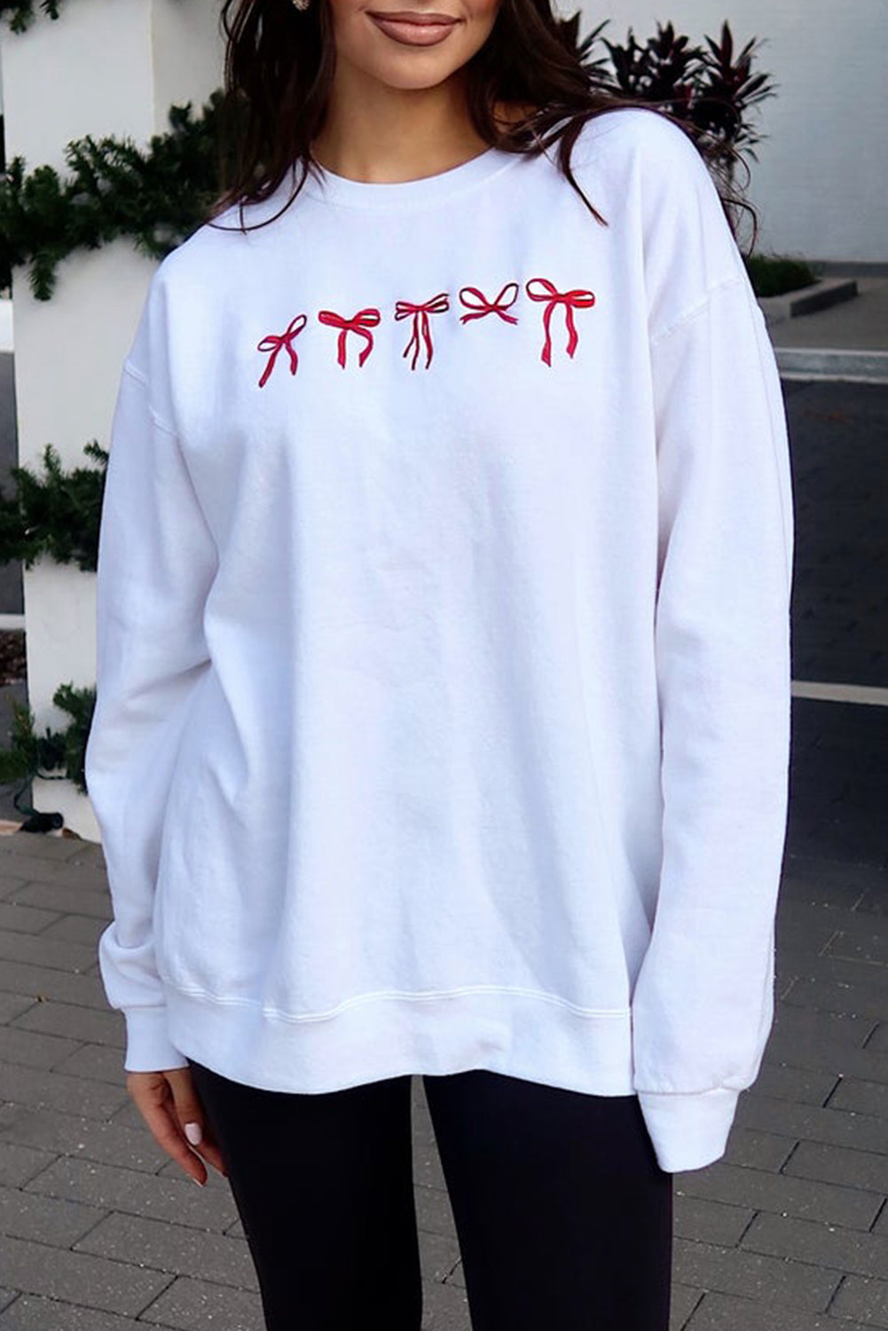 White Diverse Bow Embroidery Drop Shoulder Sweatshirt White 50%Polyester+50%Cotton Graphic Sweatshirts JT's Designer Fashion