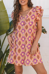 Orange Geometric Floral V Neck Buttoned Ruffled Sleeve Mini Dress Mini Dresses JT's Designer Fashion