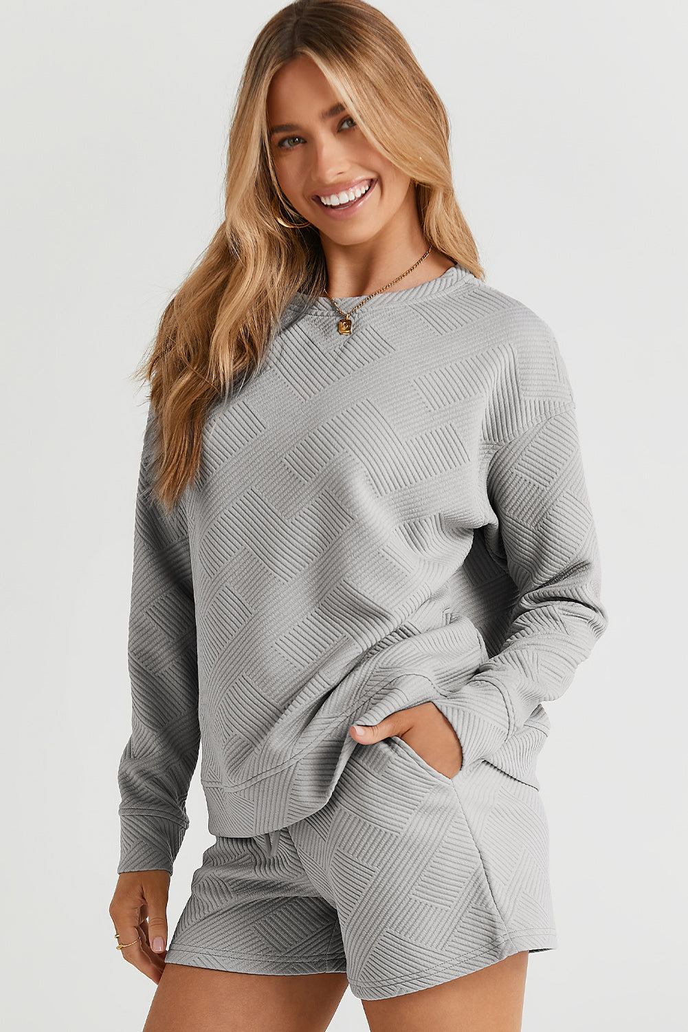 Gray Textured Long Sleeve Top and Drawstring Shorts Set Short Sets JT's Designer Fashion