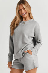 Gray Textured Long Sleeve Top and Drawstring Shorts Set Short Sets JT's Designer Fashion