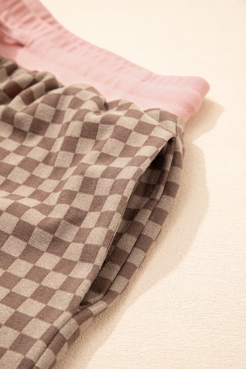 Brown Checkerboard Long Sleeve Pullover and Shorts Set Short Sets JT's Designer Fashion