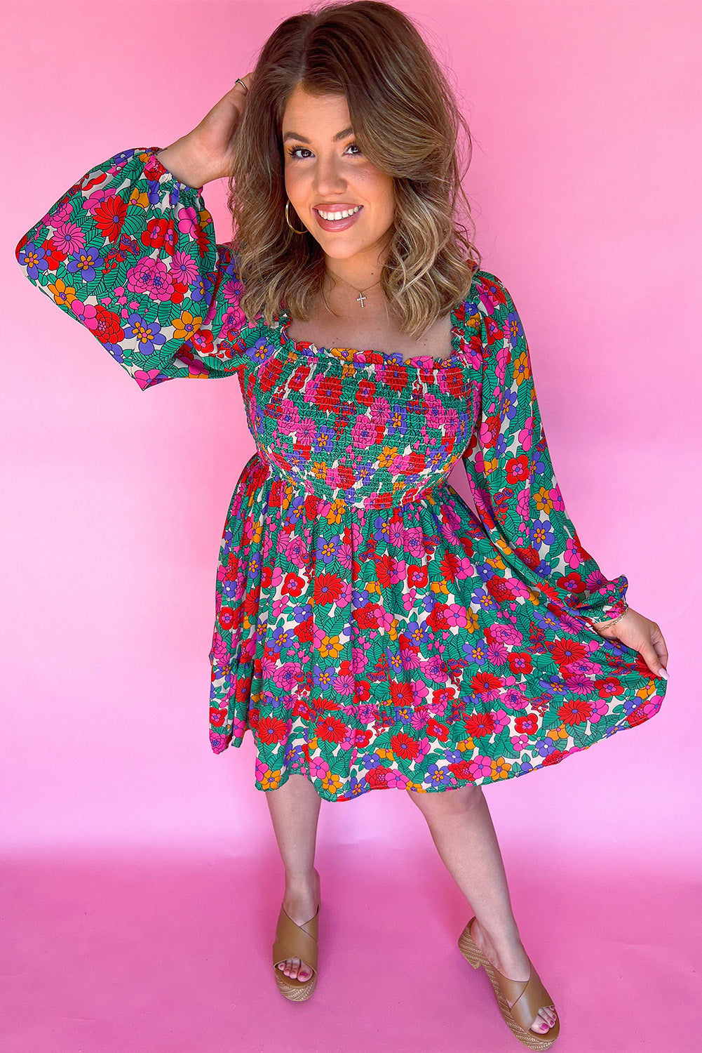 White Plus Size Floral Frilled Square Neck Shirred Long Sleeve Dress Plus Size Mini Dresses JT's Designer Fashion
