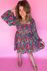 White Plus Size Floral Frilled Square Neck Shirred Long Sleeve Dress Plus Size Mini Dresses JT's Designer Fashion