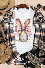 White Easter Egg Bow Bunny Ear Printed T Shirt Graphic Tees JT's Designer Fashion