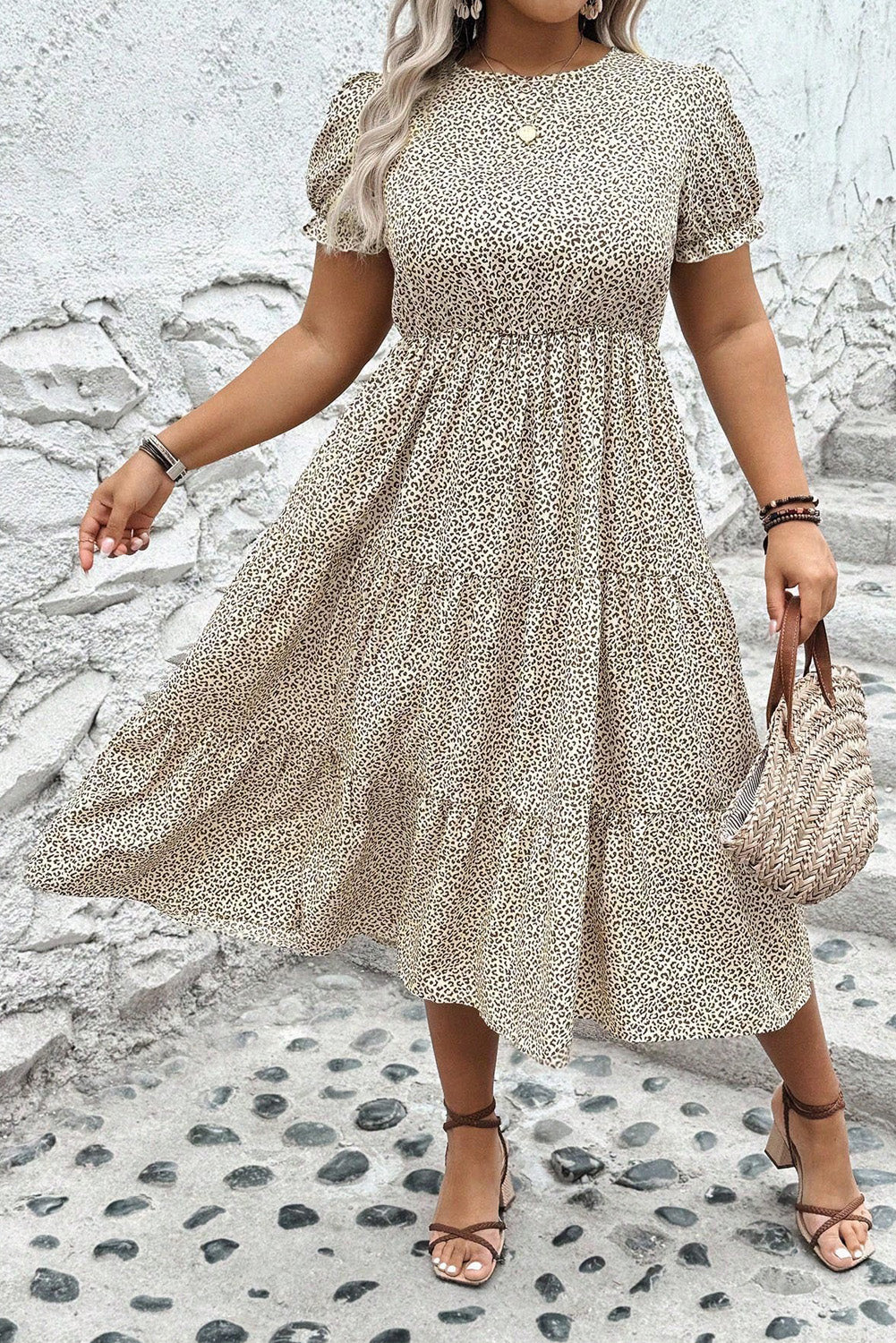 Beige Plus Size Leopard Print Frill Trim Short Sleeve Flared Dress Plus Size Midi Dresses JT's Designer Fashion